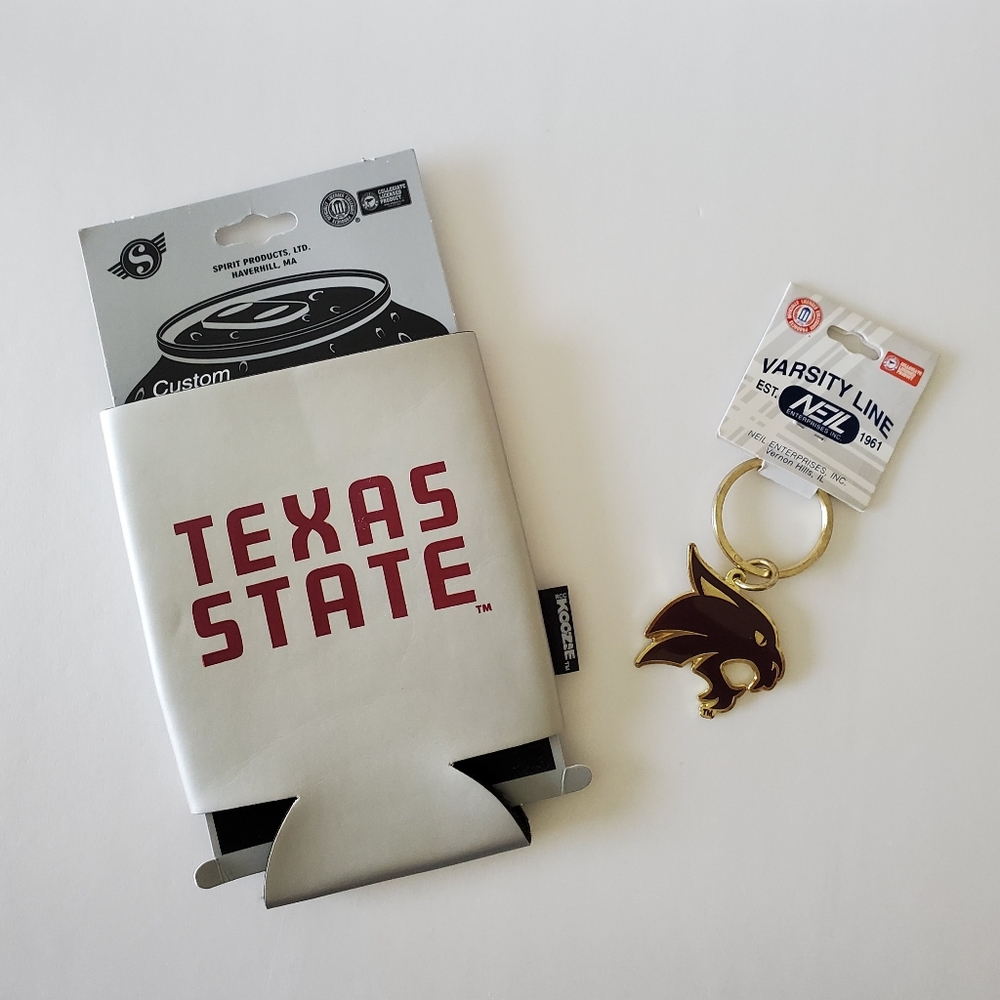 Texas State University Bobcats Keychain and Can Cooler Coozie